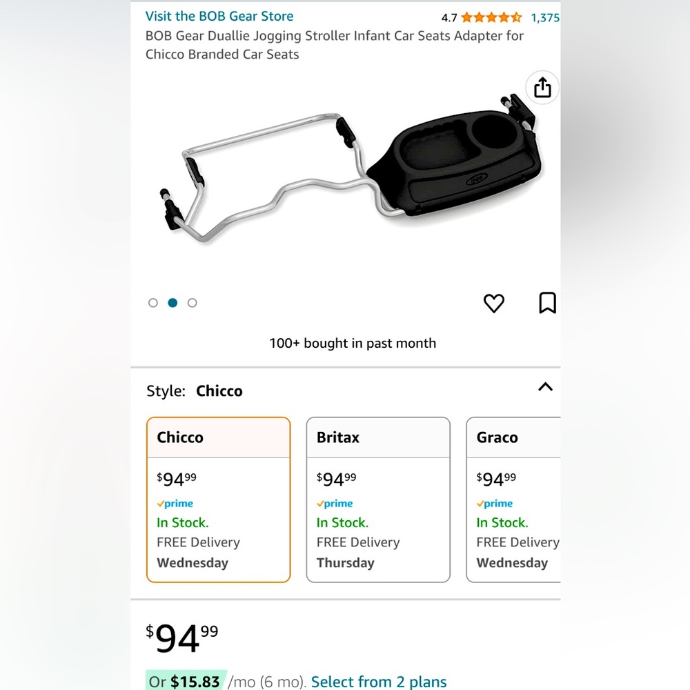BOB Duallie Stroller Infant Car Seat Adapter/Tray for Chicco Car Seat - Black